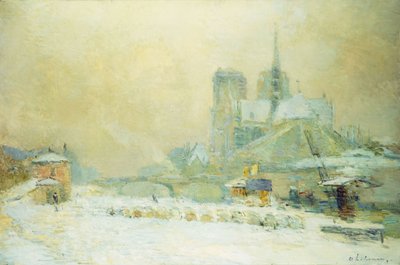 Vista de Notre Dame, París, desde el Quai de la Tournelle: Efecto de Nieve; Notre Dame de Paris, Vue du Quai de la Tournelle, Effet de Neige de Albert Charles Lebourg