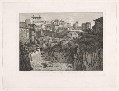 Vista de Tivoli, con el Templo de Vesta a lo lejos Situazione del Tempio di Vesta a Tivoli dirimpetto la Cascata (título sobre el objeto) Malayo Radirte Prospekte aus Italien (título de la serie) de Albert Christoph Dies