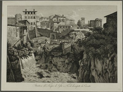 Escena del templo de Vesta en Tívoli frente a las cascadas de Albert Christoph Dies