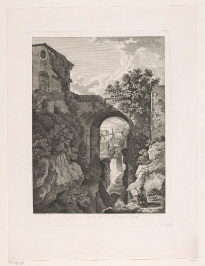Cascada cerca del puente de San Rocco en Tivoli Cascata, y Ponte di St. Rocco a Tivoli (título sobre objeto) Pintorescos folletos grabados de Italia (título de la serie) de Albert Christoph Dies