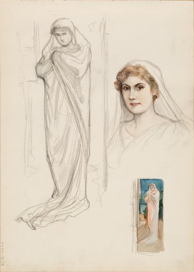 Aino Ackté como Alcestis, boceto del rostro y dos bocetos de cuerpo entero de Albert Edelfelt