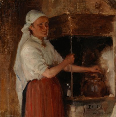 Elli Jäppinen junto a la cocina, estudio de Albert Edelfelt