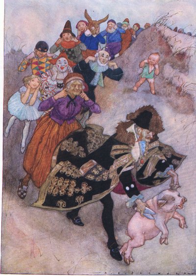 Delante de ellos corría un caballero conduciendo un cerdo, de The Water Babies pub.by Humphrey Milford Oxford University Press, c.1930 (litografía en color) de Albert Edward Jackson