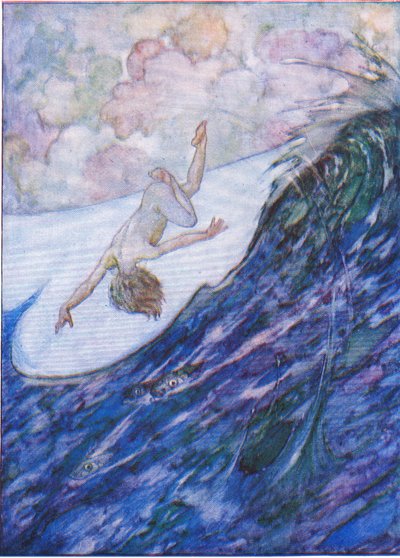 Dio tres barcos fuera del agua, una yarda de altura, y la cabeza sobre los talones, de The Water Babies pub.by Humphrey Milford Oxford University Press, c.1930 (litografía en color) de Albert Edward Jackson