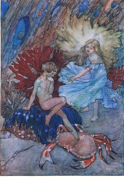 "No, no empujes a ese pobre cangrejo sobre Tom", de The Water Babies pub.by Humphrey Milford Oxford University Press, c.1930 (litografía en color) de Albert Edward Jackson