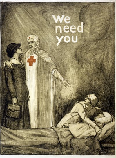 Cartel de reclutamiento de la Cruz Roja, "Te necesitamos", pub. 1918 (litografía en color) de Albert Edward Sterner