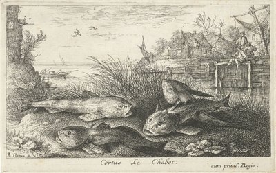 Cuatro cachos en la orilla de un río Cortus LeChabot. (título en el objeto) Peces y otras criaturas marinas: segunda serie de agua dulce (título de la serie) Seconde partie de Poissons d