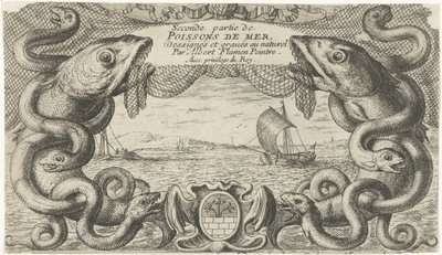 Seascape con borde de criaturas marinas y una red de pesca. Peces y otras criaturas marinas: segunda serie de agua salada (título de la serie) Poissons de mer (título de la serie sobre el objeto) de Albert Flamen