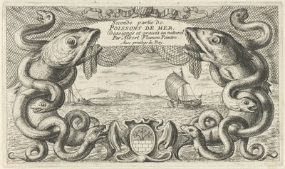 Seascape con borde de criaturas marinas y una red de pesca. Peces y otras criaturas marinas: segunda serie de agua salada (título de la serie) Poissons de mer (título de la serie sobre el objeto) de Albert Flamen