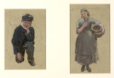 Niñas pescadoras y niño arrodillado de Albert Goodwin