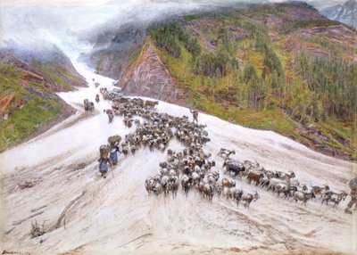 La cabra-Herd en los Alpes suizos de Albert Goodwin