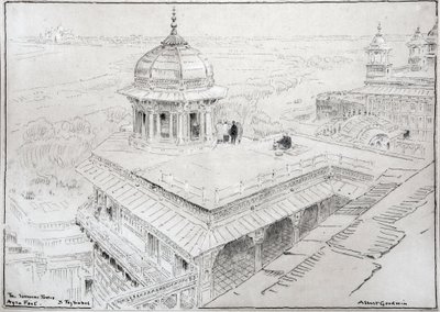 La Torre del Jazmín, el Fuerte de Agra y el Taj Mahal (dibujo) de Albert Goodwin