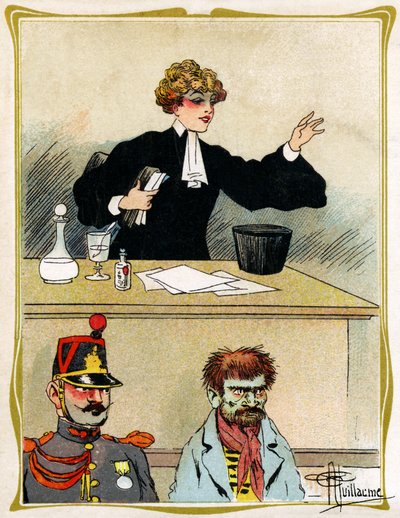 Una abogada con un rostro hermoso, aboga y defiende a su cliente con paciencia. Publicidad, grabado 1902-1903 de Albert Guillaume
