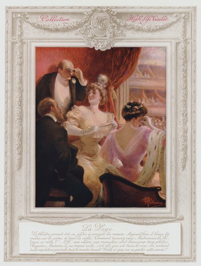 Belle Époque París, dama de moda en un palco en el teatro de Albert Guillaume