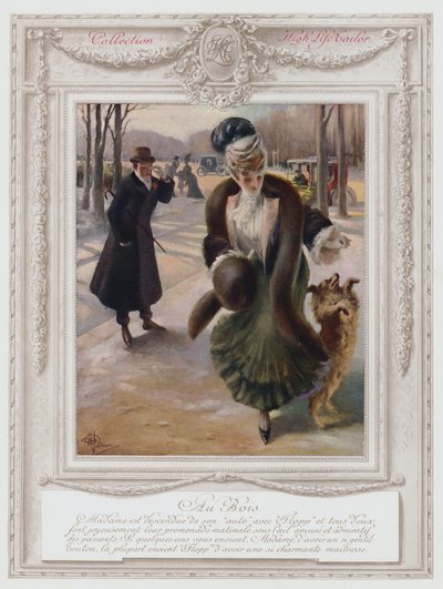 Belle Époque París, Dama de moda en el Bois de Boulogne (litografía a color) de Albert Guillaume