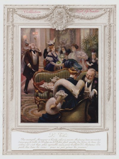 Belle Époque París, dama de moda tomando té (litografía en color) de Albert Guillaume