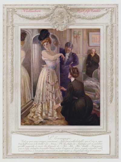 Belle Époque París, dama de moda probándose un vestido (litografía en color) de Albert Guillaume