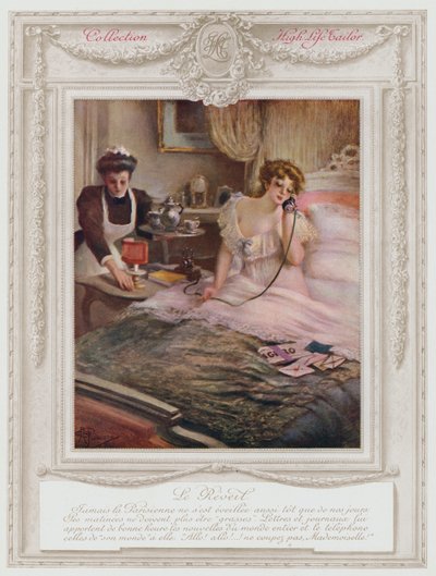 Belle Époque París, dama de moda despertándose (litografía en color) de Albert Guillaume