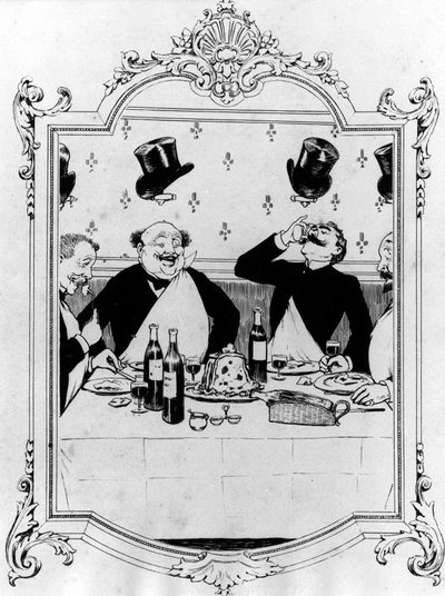 Cuatro hombres bebiendo durante una comida en un restaurante - dibujo de Guillaume en "Memoria de un espejo", n.d. de Albert Guillaume