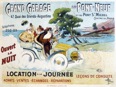 Gran Garaje del Pont-Neuf: alquiler, clases de conducción, compra, ventas, reparaciones - Cartel publicitario de Albert Guillaume (1873-1942), circa 1900 de Albert Guillaume