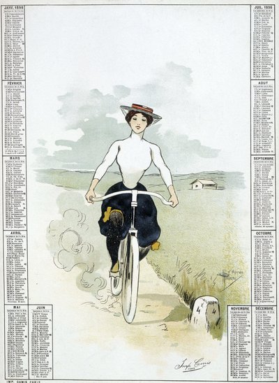Mujer en bicicleta - dibujo de Guillaume, calendario de Albert Guillaume