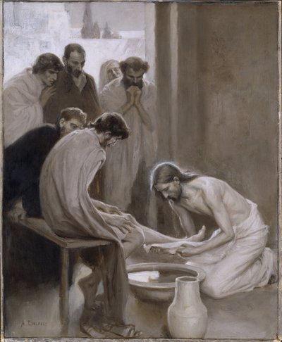 Le Christ lavant les pieds de ses disciples - Cristo lavando los pies de los discípulos, por Edelfelt, Albert Gustaf Aristides (1854-1905). Grisaille de Albert Gustaf Aristides Edelfelt