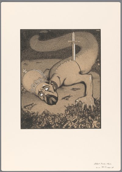 Diseño para una caricatura política: serpiente con cabeza coronada apuñalada por la espada de la Justicia de Albert Hahn (I)