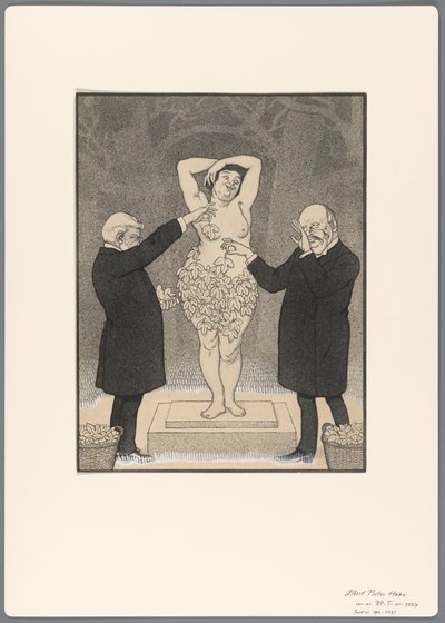 Diseño para una caricatura política: dos caballeros cubren con hojas de higuera a una mujer desnuda de pie de Albert Hahn (I)