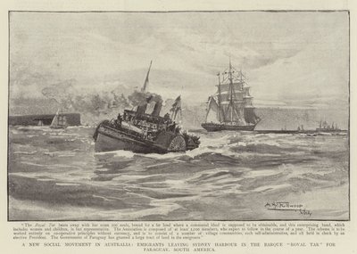 Un nuevo movimiento social en Australia, emigrantes saliendo del puerto de Sídney en el barco Royal Tar hacia Paraguay, América del Sur de Albert Henry Fullwood
