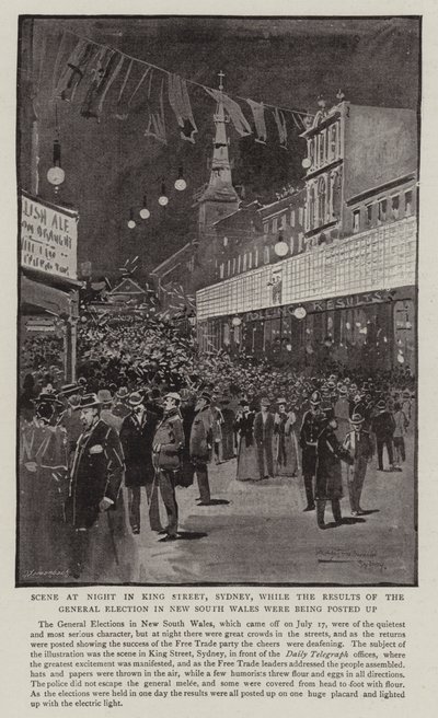 Escena nocturna en King Street, Sídney, mientras se publicaban los resultados de las elecciones generales en Nueva Gales del Sur de Albert Henry Fullwood