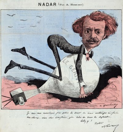 Caricatura que representa a Nadar y su globo aerostático, c.1863 (litografía) de Albert Humbert