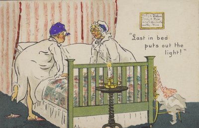 "¡El último en la cama apaga la luz!" (litografía en color) de Albert Jnr. Ludovici