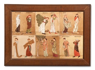 Seis azulejos de Minton Hollis & Co que representan los meses, c.1880-99 (cerámica pintada) de Albert Joseph (attr.to) Moore