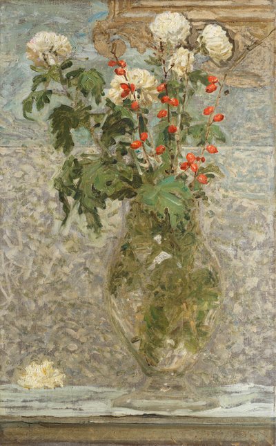 Crisantemos blancos y bayas rojas de Albert Joseph Moore