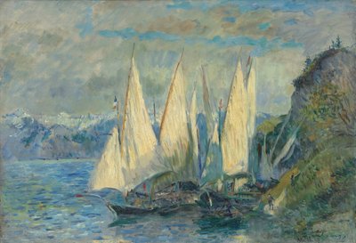 Barcos con grandes velas en el lago Lemán en Meillerie en Alta Saboya de Albert Lebourg