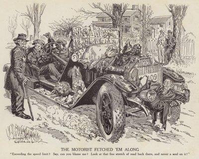 Caricatura burlándose de un hombre conduciendo su coche a exceso de velocidad de Albert Levering