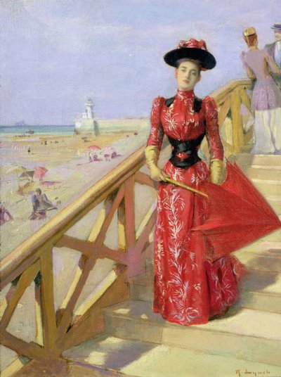 Mujer bajando escaleras hacia una playa de Albert Lynch