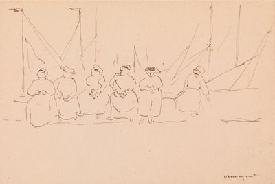 Seis mujeres en un muelle (pluma y tinta sobre papel) de Albert Marquet