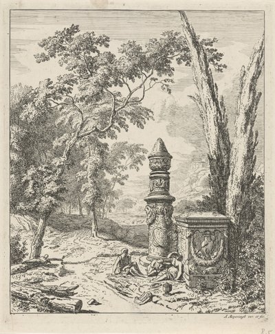 Paisaje con figuras en reposo en un monumento funerario Paisajes (título de la serie) de Albert Meyering