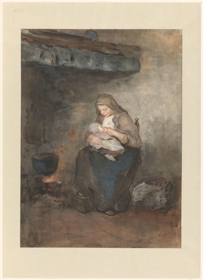 La madre amamanta a su hijo junto a la chimenea de Albert  Neuhuys