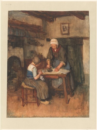 Interior con mujer planchando y niño cosiendo de Albert  Neuhuys