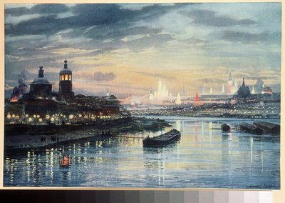 Iluminaciones a Moscú (Iluminación en Moscú). Dibujo de Albert Nikolayevich Benois (1852-1936). Litografía en color, arte ruso del siglo XIX. Biblioteca Estatal Rusa, Moscú. de Albert Nikolayevich Benois