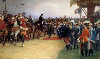 El presidente Émile Loubet recibe al zar Nicolás II y a la emperatriz Alexandra el 21/09/1901 en el campamento de Betheny de Albert Pierre Dawant