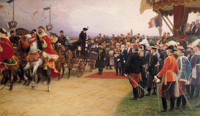 El presidente Emile Loubet (1838-1929) da la bienvenida al zar Nicolás II (1868-1917) y a la zarina Alexandra (1872-1918) en el campamento de Betheny, 21 de septiembre de 1901, r.1905 de Albert Pierre Dawant