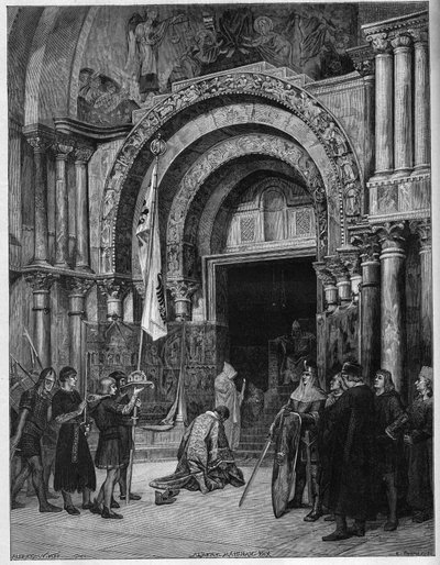 Federico Barbarroja a los pies del Papa. El emperador Federico I de Hohenstaufen (1122-1190) se postra ante el Papa Alejandro III (1105-1181) que lo espera bajo la puerta de San Marcos (San Marco) en Venecia en 1177. Grabado después de una pintura de Alber de Albert Pierre René (after) Maignan