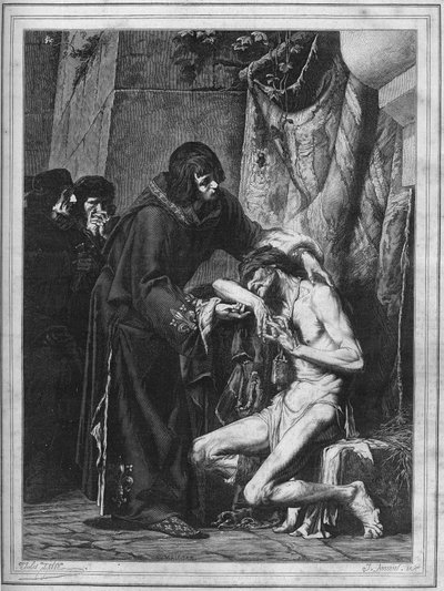 Luis IX consuela a un leproso: el Rey de Francia San Luis (1214-1270) y un enfermo durante un brote de lepra. Grabado de 1878 del cuadro de Albert Maignan (1845-1908). de Albert Pierre René (after) Maignan