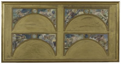 Boceto para el Salón de las Letras del Ayuntamiento de París: las grandes obras literarias (La Chanson de Roland, Le Misanthrope, Eviradnus, Mimi Pinson, Le Cid, Phèdre, Pantagruel, La Cigale), hacia 1890 (óleo sobre tinta negra sobre lienzo). de Albert Pierre Rene Maignan