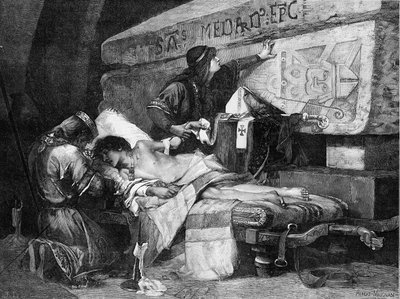 El último momento de Chlodobert (o Clodebert murió en 580). "Fredegonde y Chilperic I colocaron a su hijo en una camilla cerca de la tumba de San Medardo pero el enfermo cayó en agonía..." Grabado después de la pintura de Albert Maignan (1845-1908). de Albert Pierre Rene Maignan