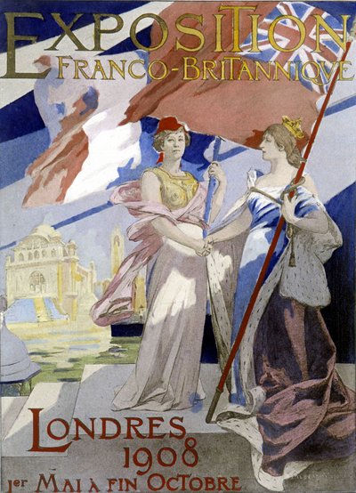 Dos mujeres, símbolo de Francia e Inglaterra, se dan la mano. Cartel de Albert Maignan (1908) para la exposición franco-británica de 1908 en Londres de Albert Pierre Rene Maignan