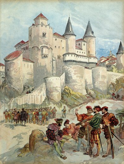 Un prisionero, Francisco I (1494-1547) fue encerrado en una torre del Alcázar en Madrid (España) hasta 1526 de Albert Robida